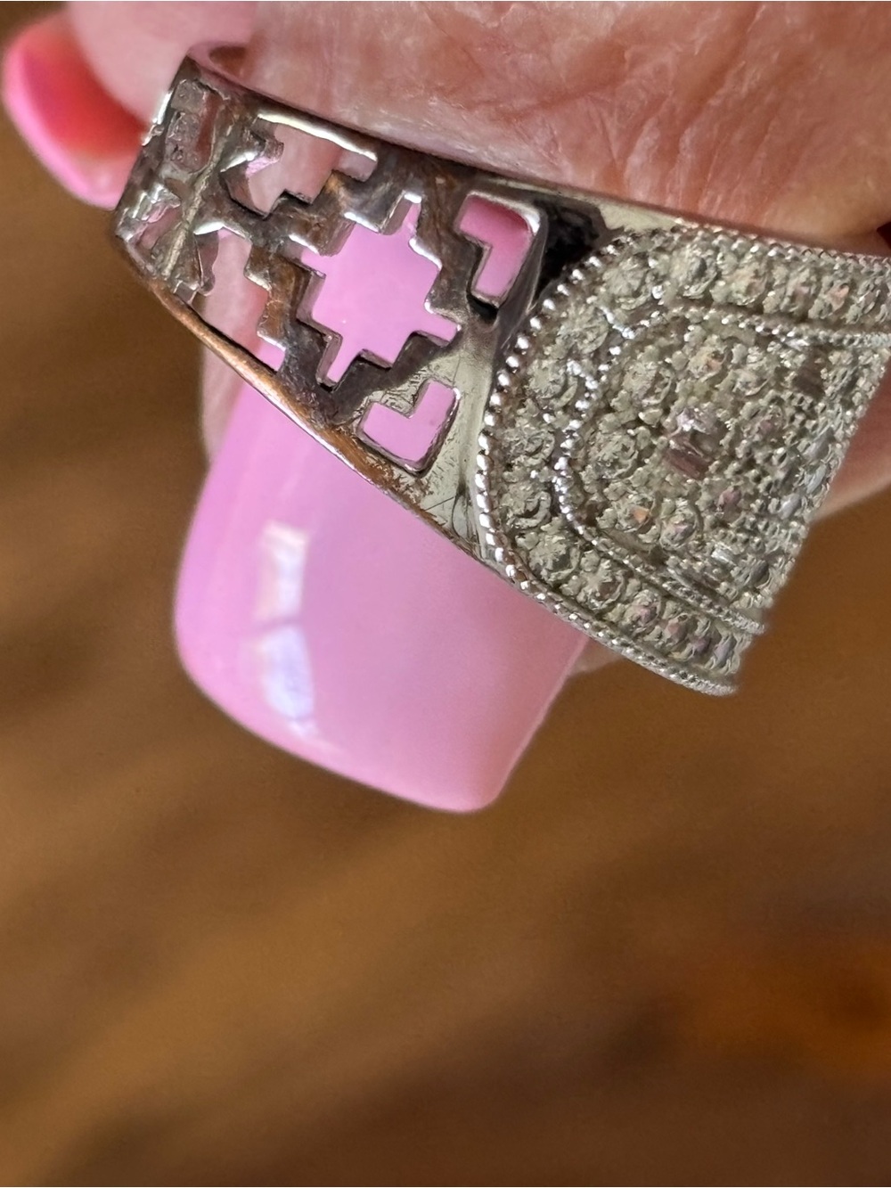 Bronze and CZ Wide Filigree Pave Band Ring - Silver overlay (approx. Size 9) - Picture 9 of 12